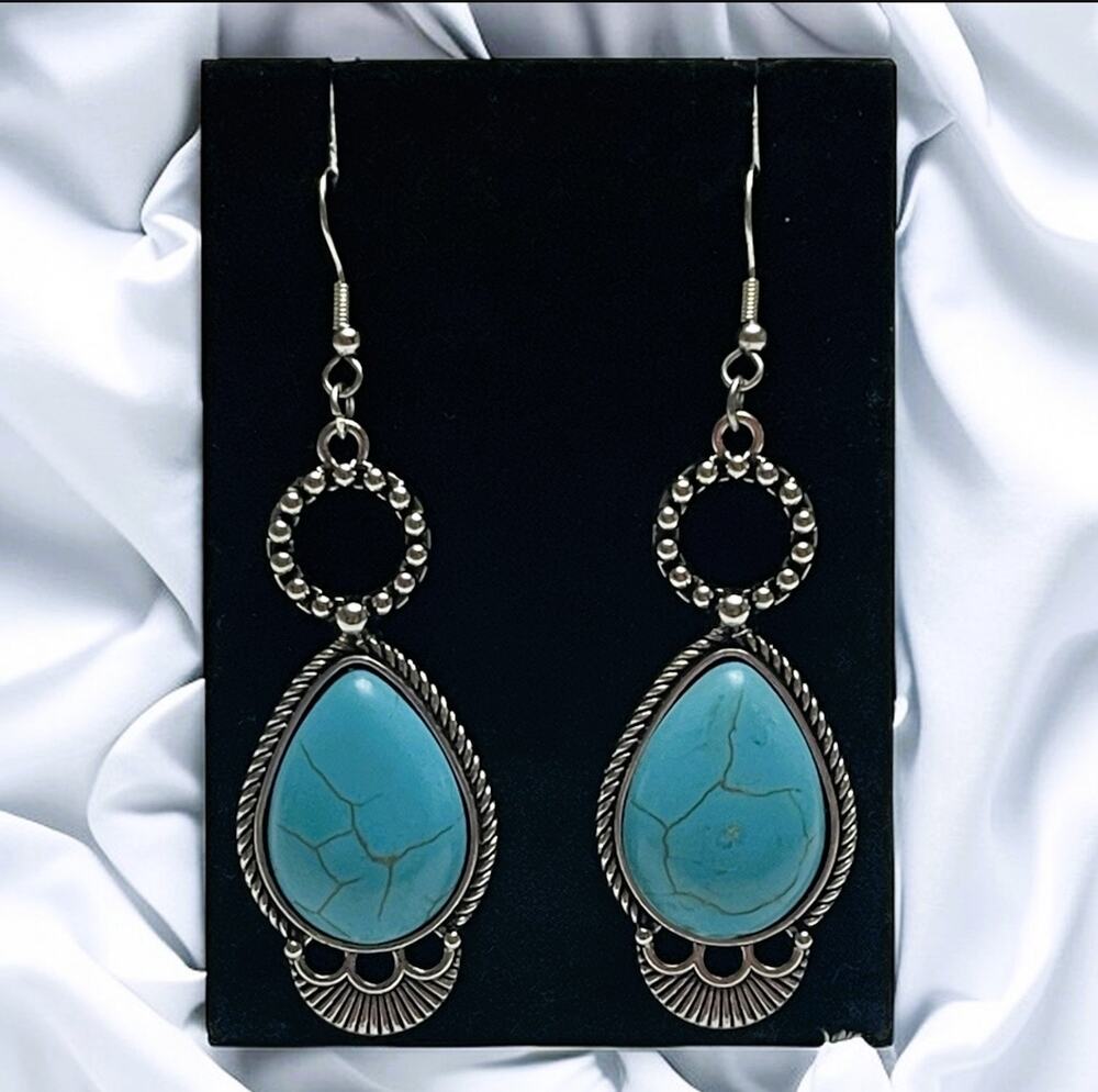 Lab-Grown Turquoise & Silver Teardrop Dangle Earrings-NEW w/o TAGS